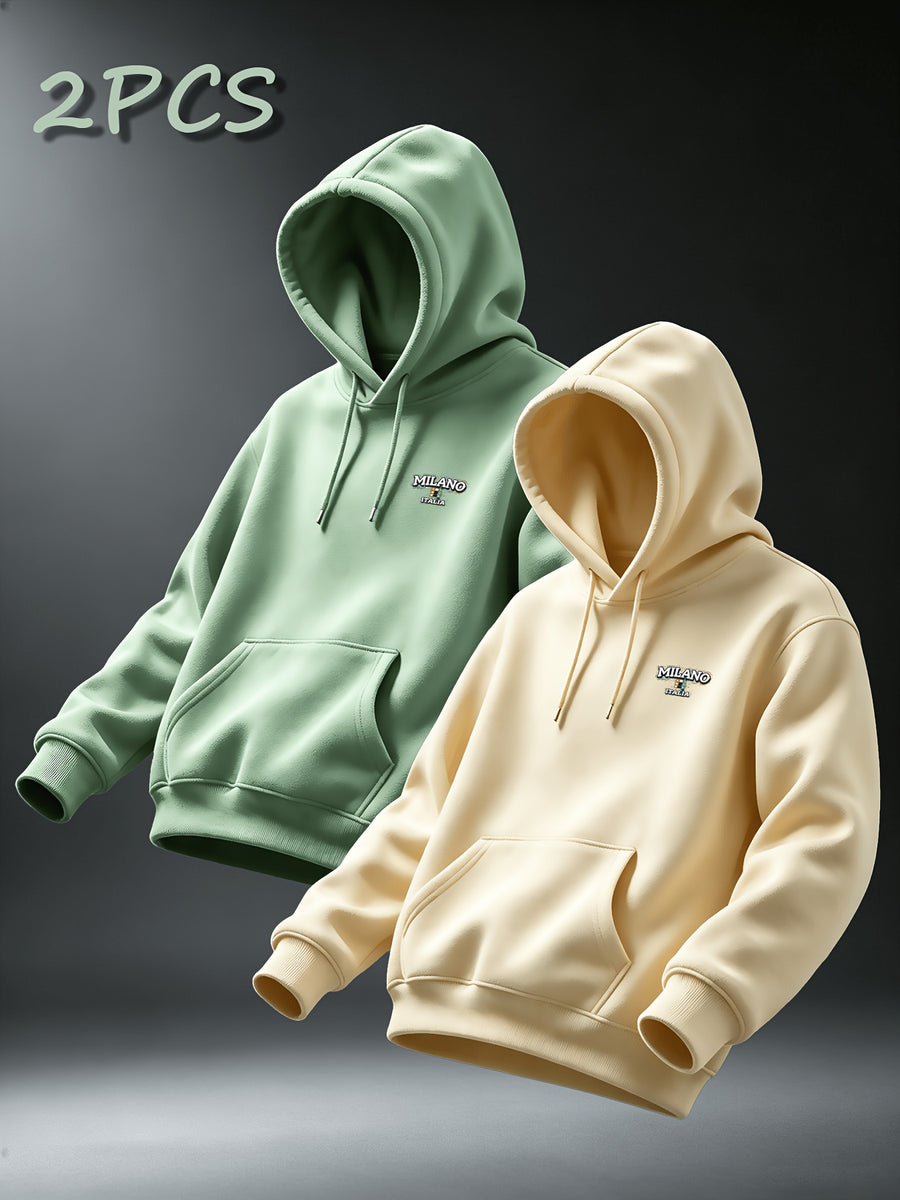 [Villa Le Water OBM] 2pcs Set MILANO Print Hooded Sweatshirt Men'S Loose Casual All-Match Pullover Long-Sleeve Hoodie - Light Green + Apricot