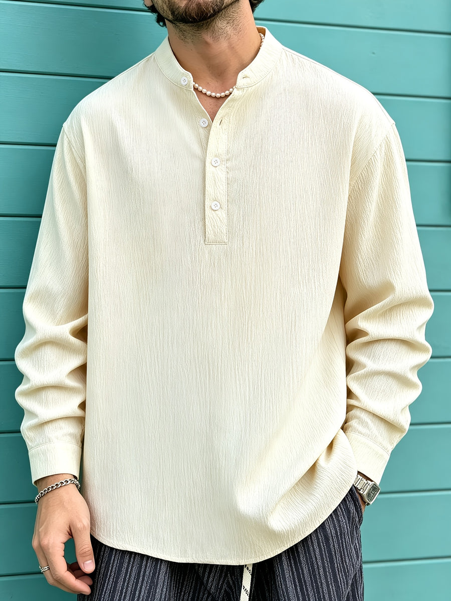Men's Fashion Casual Long-Sleeve Shirt, Stand Collar Henley Shirt, Light Business Long-Sleeve Shirt with Half-Placket Detail, Solid Color Classic Style, Suitable for Daily Wear, Commuting, Outdoor Activities, and Parties, Ideal as a Gift - Apricot