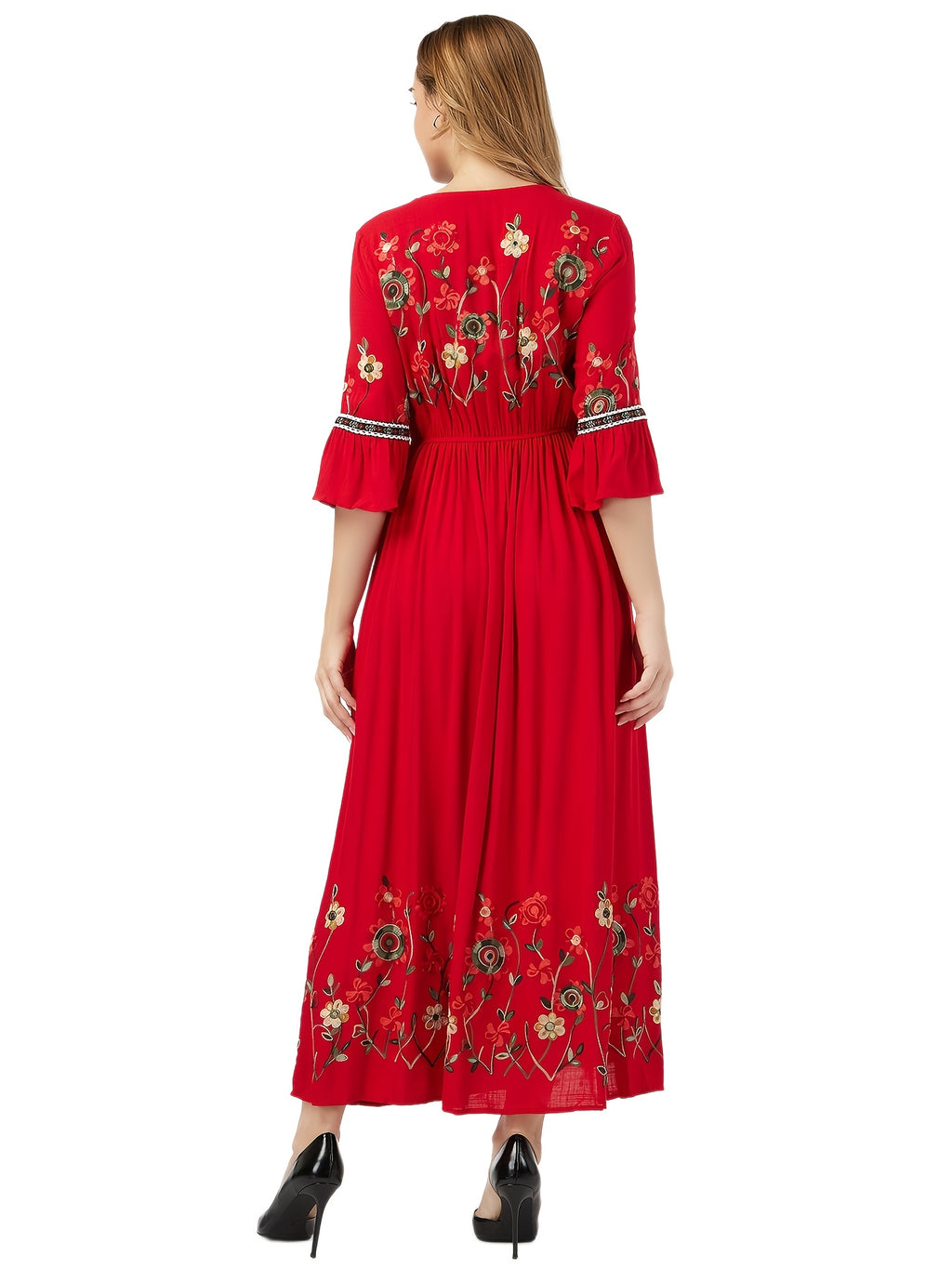 Bohemian Style Women'S Floral Embroidered Maxi Dress - V-Neck, 3/4 Sleeve, Elastic High Waist, Slight Flare Skirt, Ideal for Wedding Guests, Vacation, And Casual Wear - Red