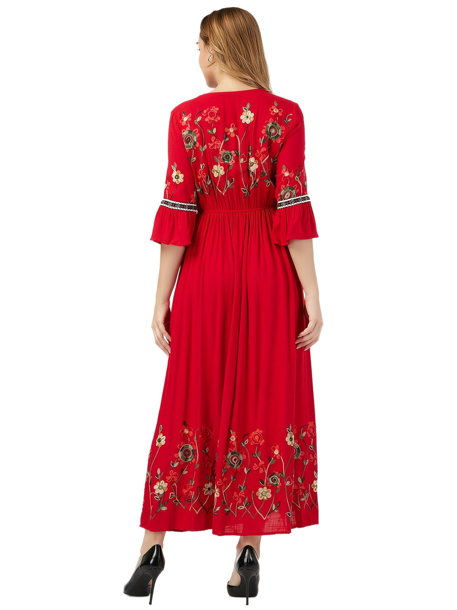 Bohemian Style Women'S Floral Embroidered Maxi Dress - V-Neck, 3/4 Sleeve, Elastic High Waist, Slight Flare Skirt, Ideal for Wedding Guests, Vacation, And Casual Wear - Red