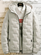 Men's Solid Color Hooded Jacket, Fashionable and Warm Winter Outerwear, Slim Fit Jacket, Simple and Trendy Design - White