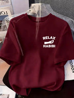 Front And Back Printed Women'S Fashion Base Print T-Shirt, Soft And Versatile, Casual Style Printed Pattern with RELAX HABIBI Lettering And Hand Gesture Design Printed Short Sleeve T-Shirt, Suitable for Casual Wear, Fashion All-Season Top - Burgundy