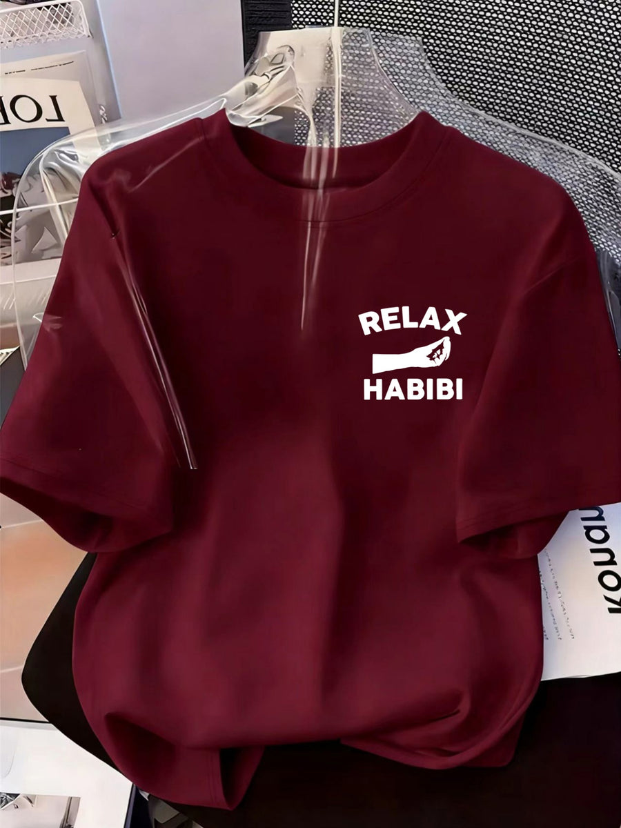 Front And Back Printed Women'S Fashion Base Print T-Shirt, Soft And Versatile, Casual Style Printed Pattern with RELAX HABIBI Lettering And Hand Gesture Design Printed Short Sleeve T-Shirt, Suitable for Casual Wear, Fashion All-Season Top - Burgundy