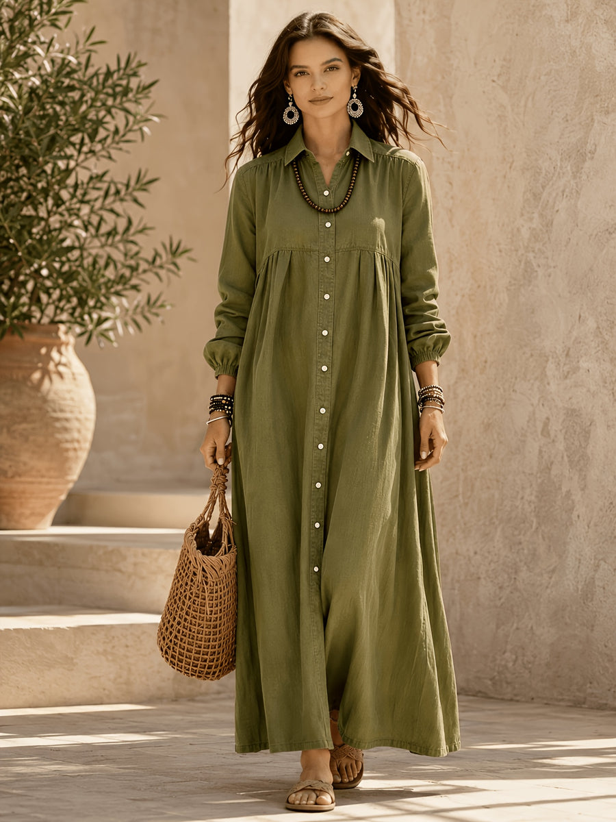 Notched Lapel Full-front Button- Lantern-sleeve Dress with Waist Gathers, Loose Fit, Full Flared Skirt, Side Pockets, Front Slit, and a Shirting-style Overlay. Features Adjustable Elasticized Notched Lapel, Long Gathered Sleeves, a Long Length - Olive Green