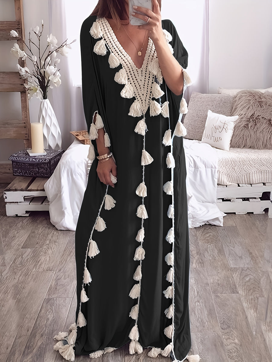 Women'S Middle Eastern Robe, V-Neck Cover-Up Tassel Patchwork Dress - Black