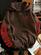 New Autumn/Winter Men's Tokyo Underground Racing Print Hooded Sweatshirt, American Street Style Motorcycle Top - Coffee Color