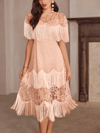 Lace Heavy Tassel Dress Women'S Summer New Short Sleeve Vacation Style Party Gown Wedding Guest Mid-Length Dress - Pale Pinkish Gray