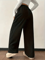 Women'S Retro Corduroy Loose Straight-Leg Trousers, Autumn Winter Street Style Casual Wide-Leg Pants, Casual Wide-Leg Trousers, Adjustable Drawstring Waistband LL256 - Black
