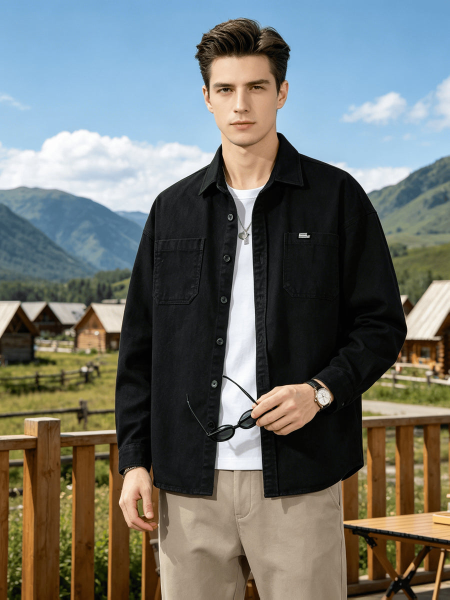 Men'S Utility Long Sleeve Shirt, Lapel Outdoor Loose Multi-Pocket Fashion Patchwork Design Versatile Men'S Top Outerwear - Black