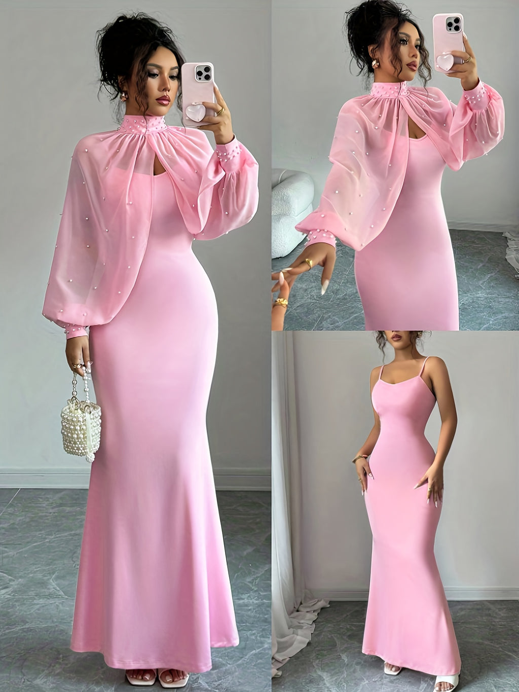 WY251221079 Elenzga New Elegant and Sophisticated Evening Gown, Dignified and Gentle, Dreamy, Hand-beaded Long-Sleeve Top, Graceful Mermaid Fit Slip Dress Set, Women's Elegant Bridesmaid Dress - Pink