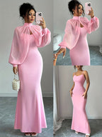 WY251221079 Elenzga New Elegant and Sophisticated Evening Gown, Dignified and Gentle, Dreamy, Hand-beaded Long-Sleeve Top, Graceful Mermaid Fit Slip Dress Set, Women's Elegant Bridesmaid Dress - Pink