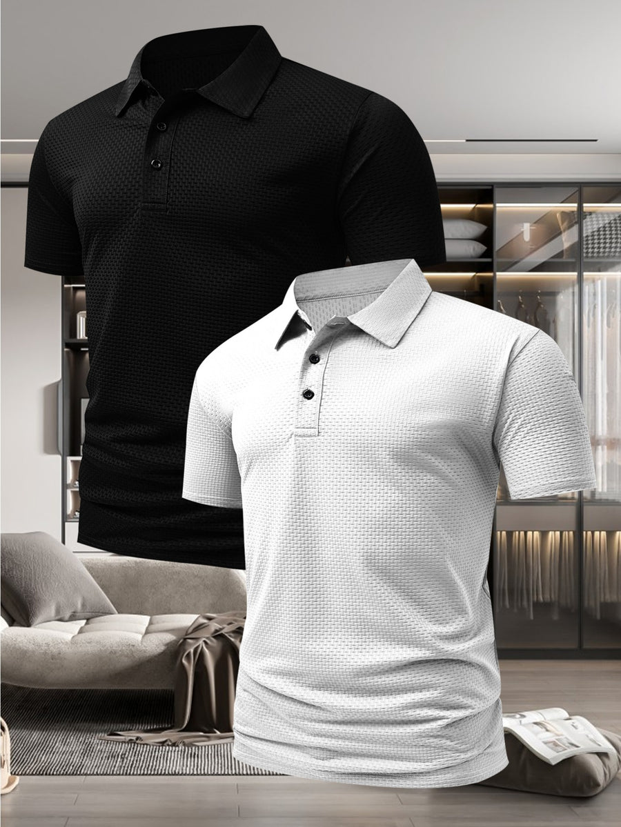 Men'S Stylish Casual Short-Sleeve Polo Shirt, Available in a 2-pc at a Discount! Comfortable T-Shirt Made from New Jacquard Quick-Dry Fabric, Perfect for Outdoor Equestrian And Golf Activities. Fashionable Casual Wear - Black+Light White