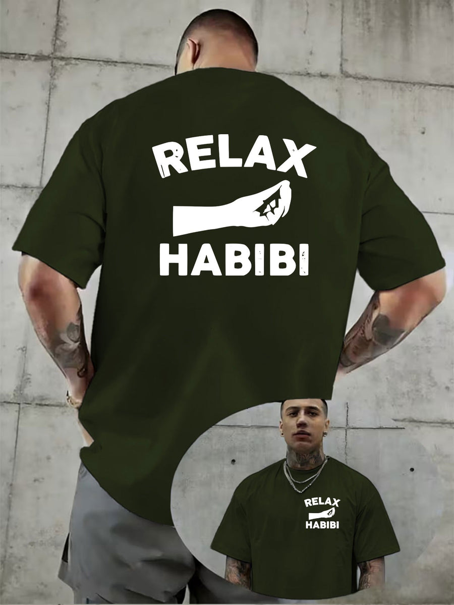 Creative Double-Sided Pattern Print, RELAX HABIBI Fun Slogan Print T-Shirt, Bold Statement, Easy, Summer Men'S Casual Short Sleeve T-Shirt Round Neck Top, Knit Fabric, Fresh And Comfortable - fern green