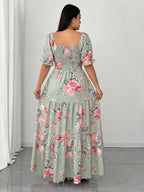 Plus Size, Elegant Women's Floral Print Dress with Ruched Detailing - Green