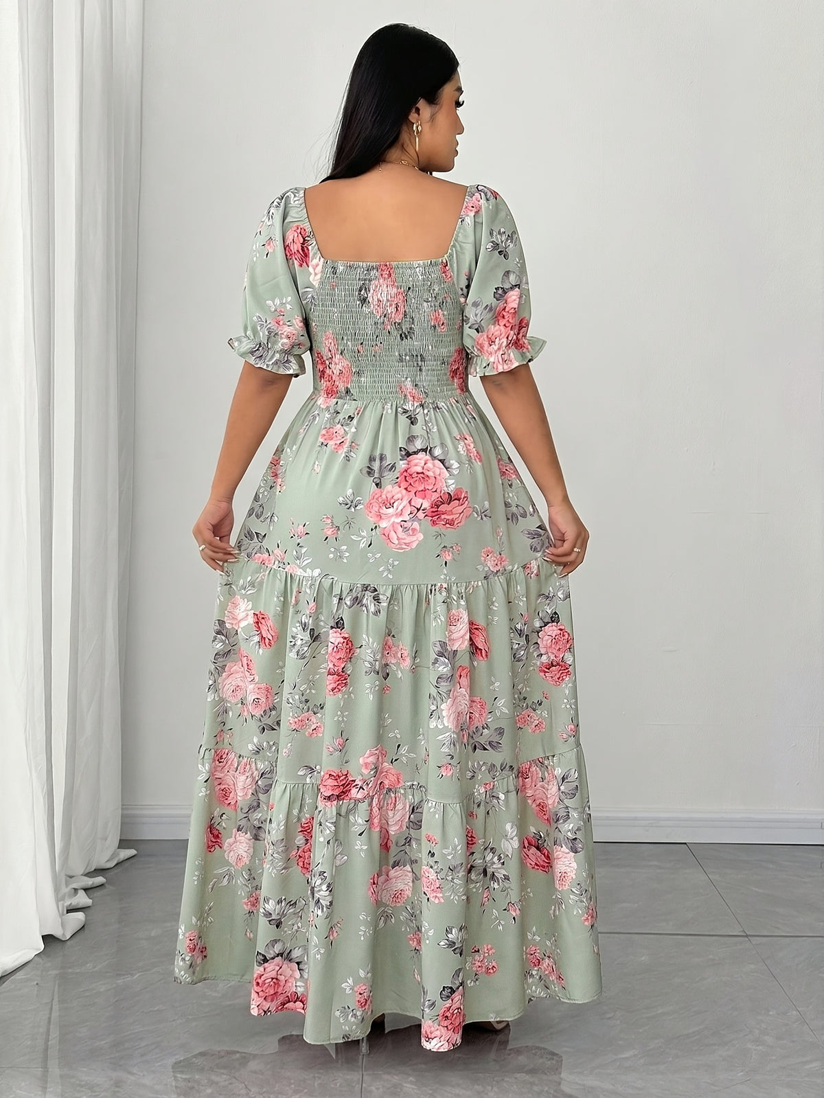 Plus Size, Elegant Women's Floral Print Dress with Ruched Detailing - Green