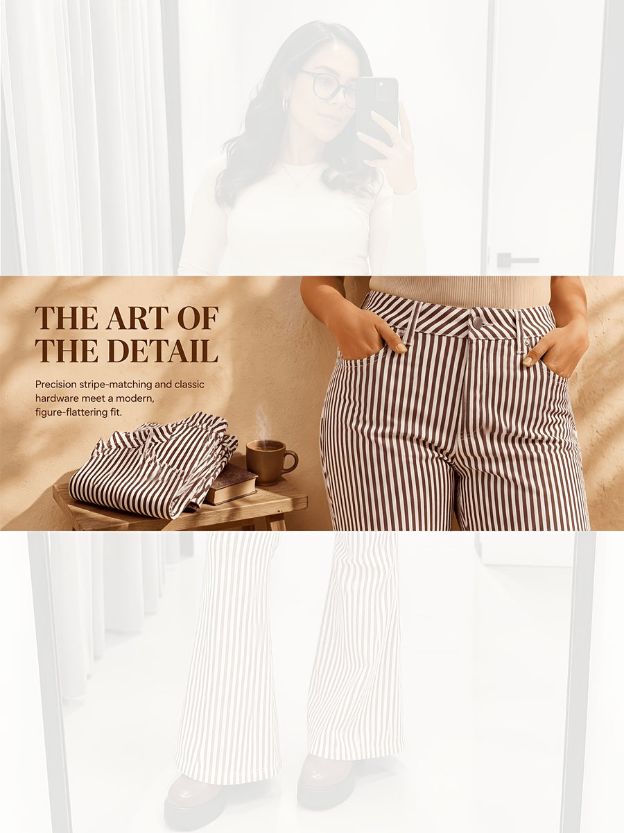 High-Waisted Women's Striped Denim Flares - Vintage Wash Stretchy Fit with Tummy Control, Stylish for Y2K Summer Vacation & Trendy Festival Outfit - Mixed colors