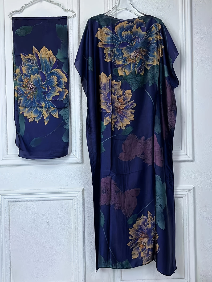 WINYI Leopard Print Boat Neck Abaya, Elegant Short Batwing Sleeve Loose Dress for Women'S Clothing - Navy Color