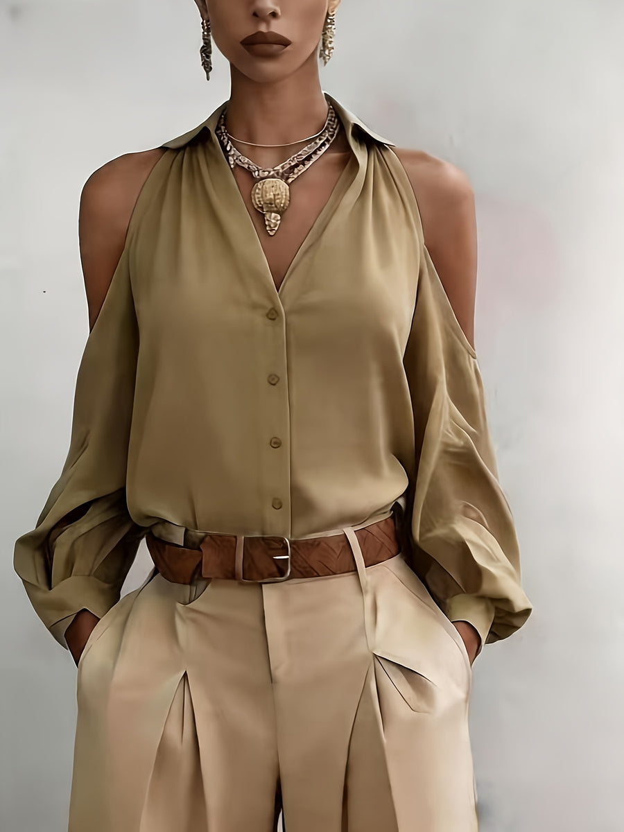 Women's Elegant Top, Summer Off-Shoulder Solid Color Blouse, for Commuting, Dating, and Daily Versatile Wear, with Lapel Collar and Buttons, Solid Color Long Sleeve Shirt ASD1 - Khaki