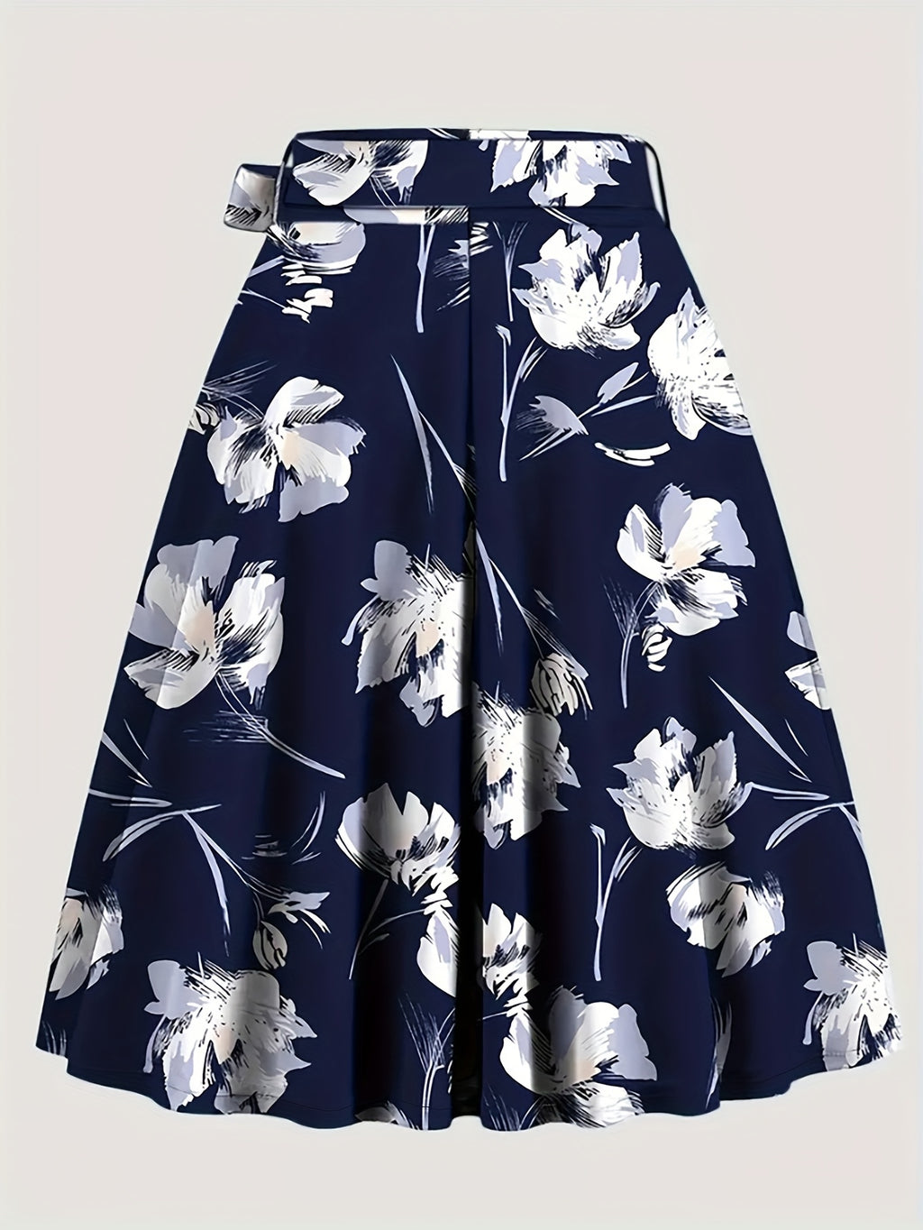 Elegant Special Floral Print High-Waisted Skirt Dress with Tie Waist  - Short Spring Summer Dress, Machine Washable, Wedding Guest, Party & Semi-Formal Attire - Navy Color