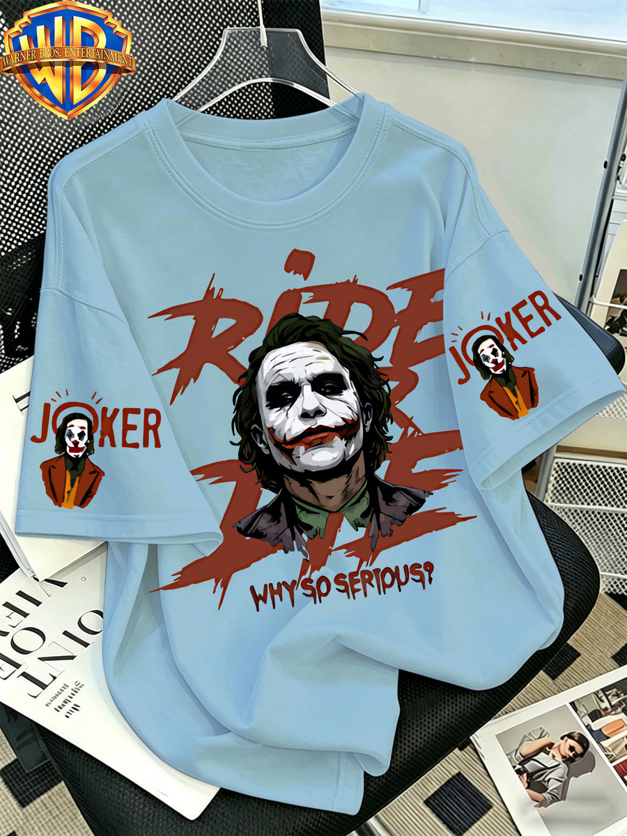 Warner Bros. Official - Batman Dark Knight Heath Ledger Joker Printed T-Shirt, Men'S 100% Casual And Comfortable Multi Functional Loose Summer Short Sleeved T-Shirt, Suitable for Outdoor And Daily Wearing - Blue