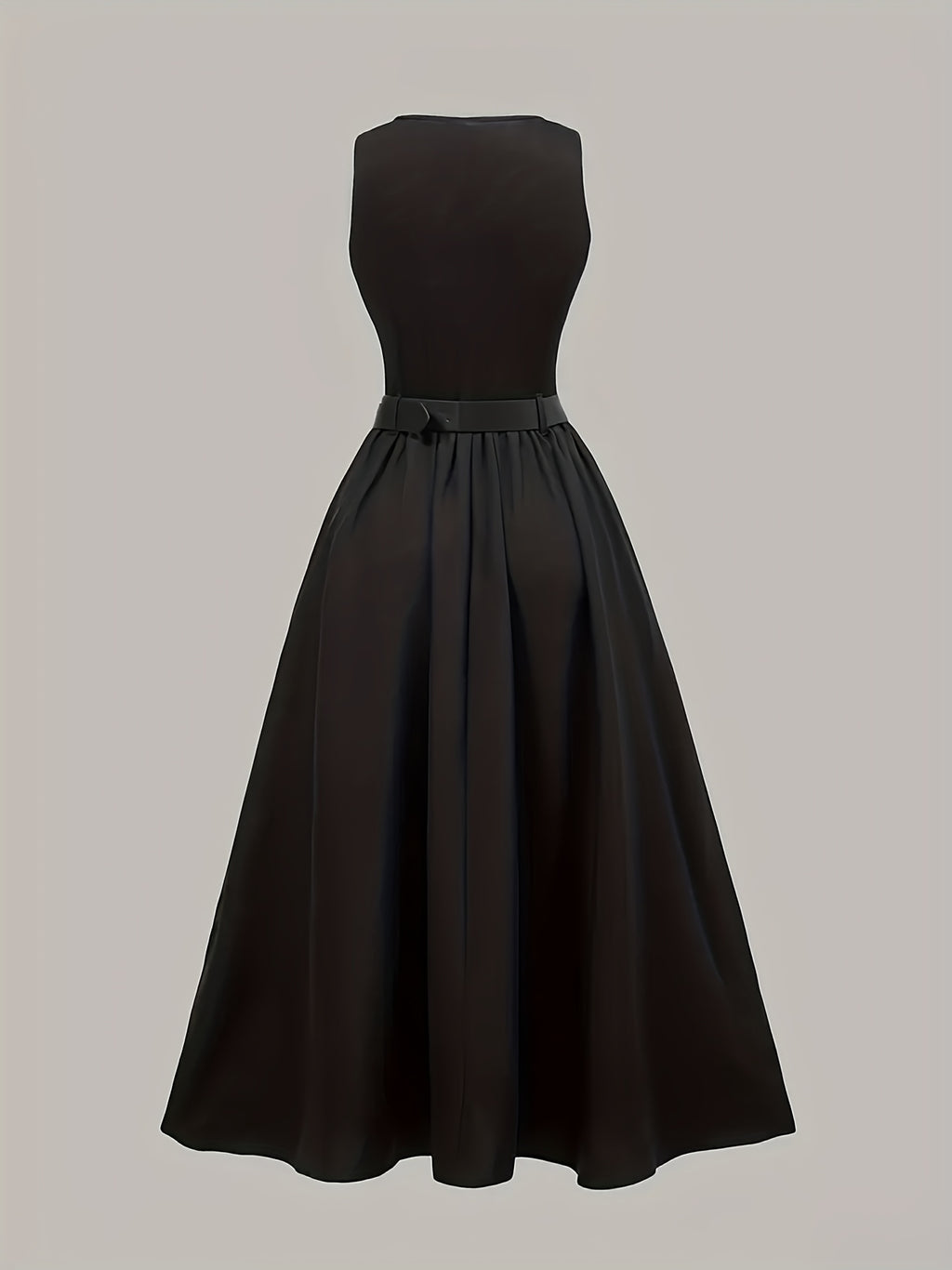 Elegant Black Sleeveless A-Line Midi Dress with Adjustable Waist Belt - Cinched Waist, Flowing Skirt, Round Neck, Perfect for Spring/Summer, Adult Women'S Fashion, Formal Event Attire|Sleek Fitted Top|Adjustable Waist Belt - Black
