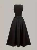 Elegant Black Sleeveless A-Line Midi Dress with Adjustable Waist Belt - Cinched Waist, Flowing Skirt, Round Neck, Perfect for Spring/Summer, Adult Women'S Fashion, Formal Event Attire|Sleek Fitted Top|Adjustable Waist Belt - Black