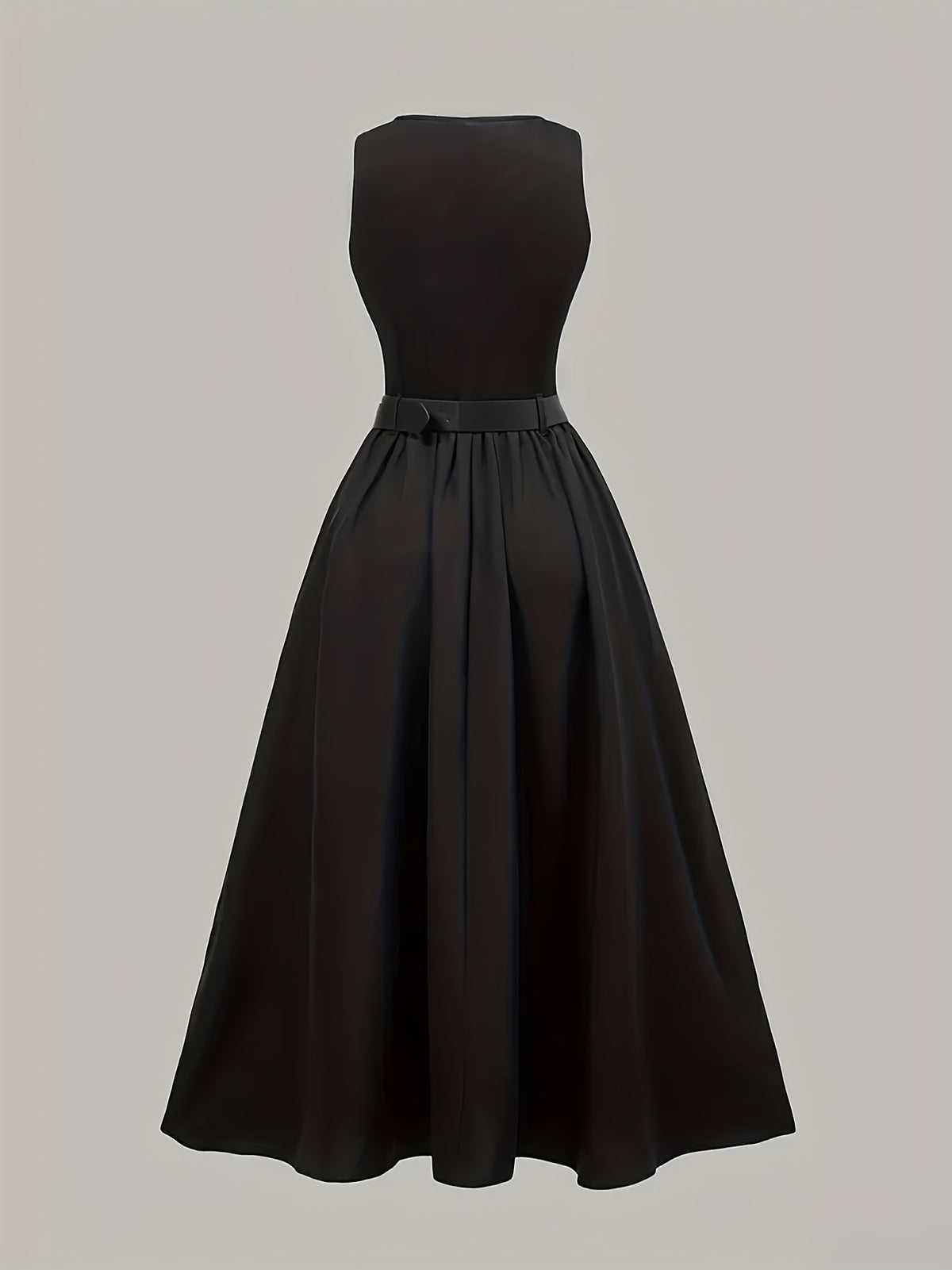 Elegant Black Sleeveless A-Line Midi Dress with Adjustable Waist Belt - Cinched Waist, Flowing Skirt, Round Neck, Perfect for Spring/Summer, Adult Women'S Fashion, Formal Event Attire|Sleek Fitted Top|Adjustable Waist Belt - Black