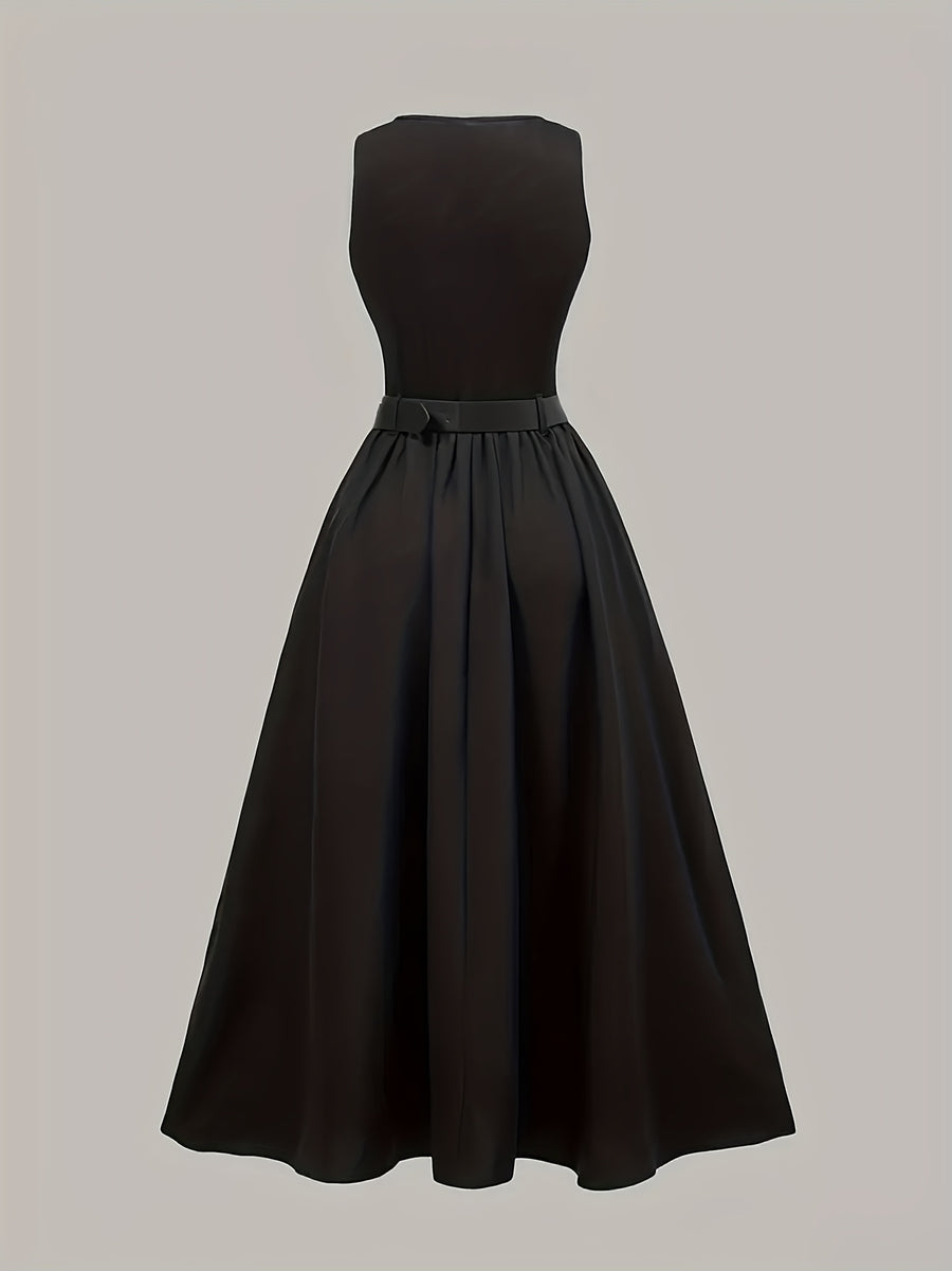 Elegant Black Sleeveless A-Line Midi Dress with Adjustable Waist Belt - Cinched Waist, Flowing Skirt, Round Neck, Perfect for Spring/Summer, Adult Women'S Fashion, Formal Event Attire|Sleek Fitted Top|Adjustable Waist Belt - Black
