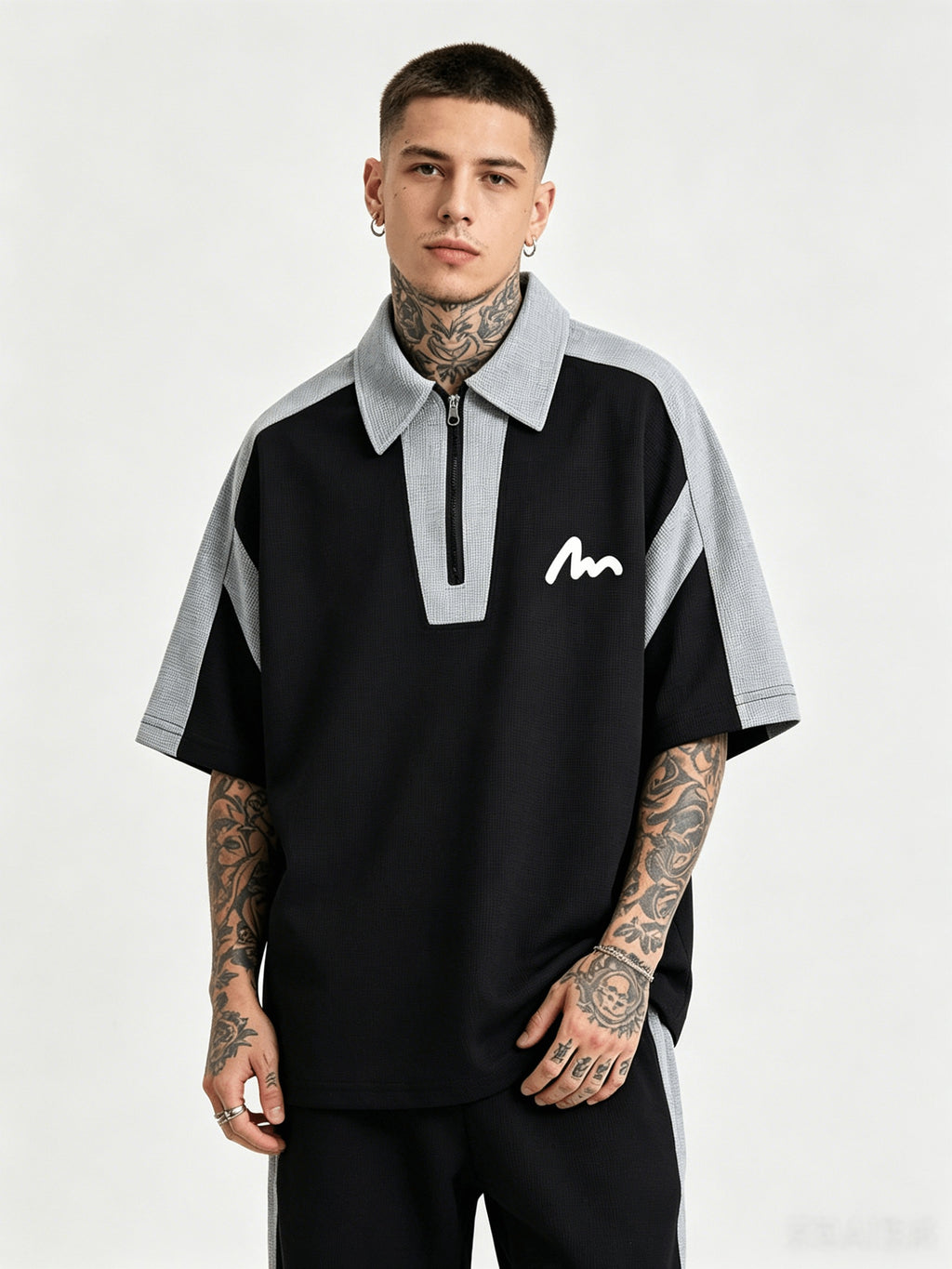 Trendy Casual Half-Zipper Contrast Polo Shirt Men'S Hip-Hop Style Waffle Short Sleeve Top Modern Urban Street Style Hip-Hop Casual Half-Zipper Short Sleeve Top American Street Style Contrast Short Sleeve - Black