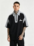 Trendy Casual Half-Zipper Contrast Polo Shirt Men'S Hip-Hop Style Waffle Short Sleeve Top Modern Urban Street Style Hip-Hop Casual Half-Zipper Short Sleeve Top American Street Style Contrast Short Sleeve - Black