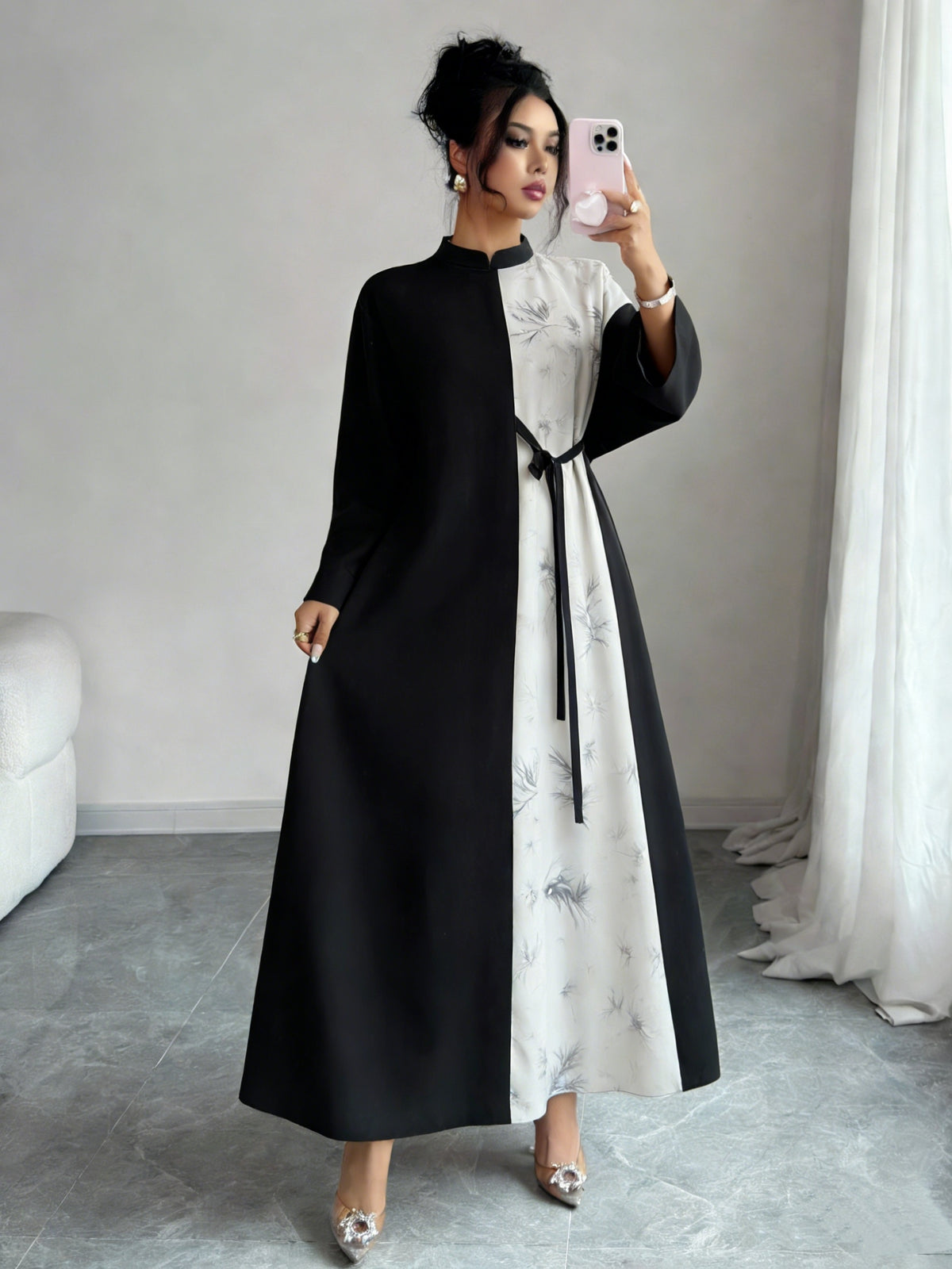 Women' Chinese Collar/Stand Collar Dress - Maxi Dress with Watercolor Print & Elastic-Free Machine-Washable Fabric, Office to Wedding Guest Gown for Spring/Summer (Non-Stretch) - 9A11388-1 - Mixed colors
