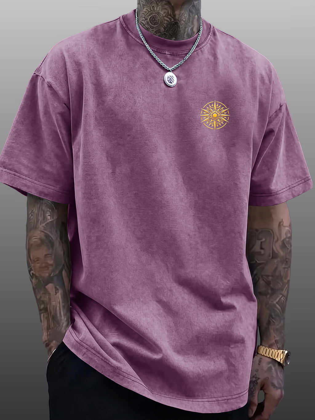 Men's Short-Sleeve T-Shirt, Pure Cotton Loose Fit Washed Distressed Top, Golden Compass Sun Pattern Trendy Reversible Double-Sided Print, Multiple Colors for  Mix & Match, American Streetwear High Street Hip-Hop Style, for Daily Outings - Purple