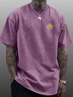 Men's Short-Sleeve T-Shirt, Pure Cotton Loose Fit Washed Distressed Top, Golden Compass Sun Pattern Trendy Reversible Double-Sided Print, Multiple Colors for  Mix & Match, American Streetwear High Street Hip-Hop Style, for Daily Outings - Purple