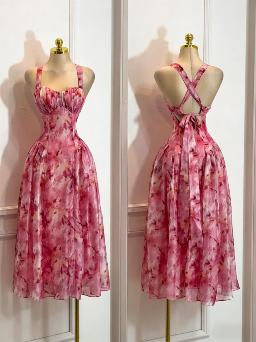 Women's Elegant and Fashionable Floral Print Dress, Halter Neck Backless Waist-cinching Long Dress - Mixed colors