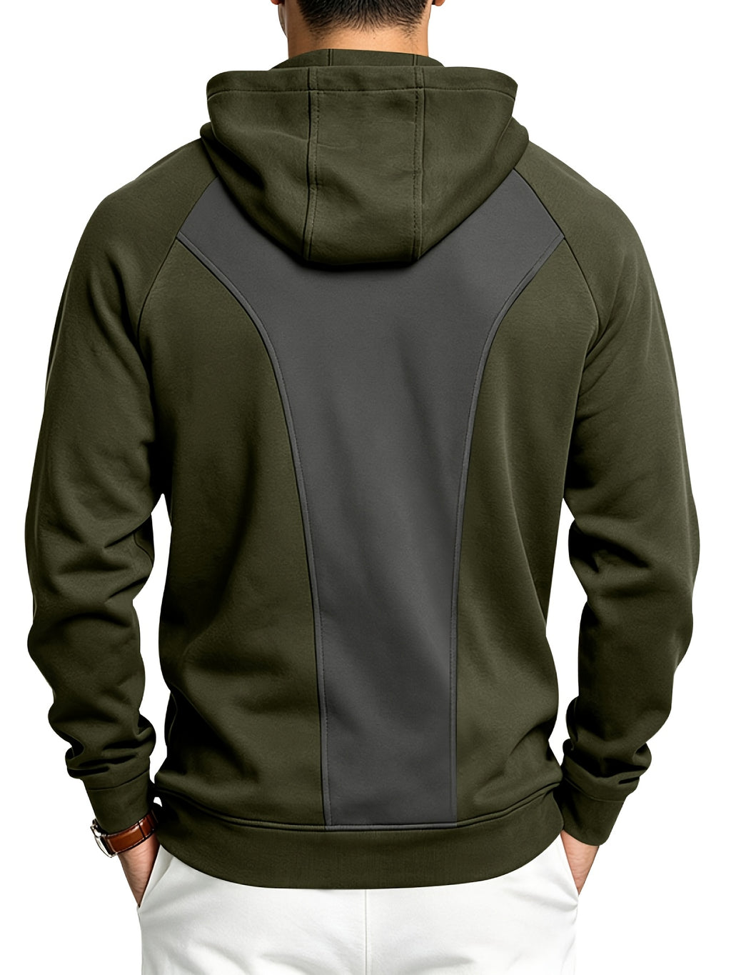 Men's Autumn/Winter Outdoor Loose Fit Casual Sporty Fitness Spliced Hooded Sweatshirt - Military Green