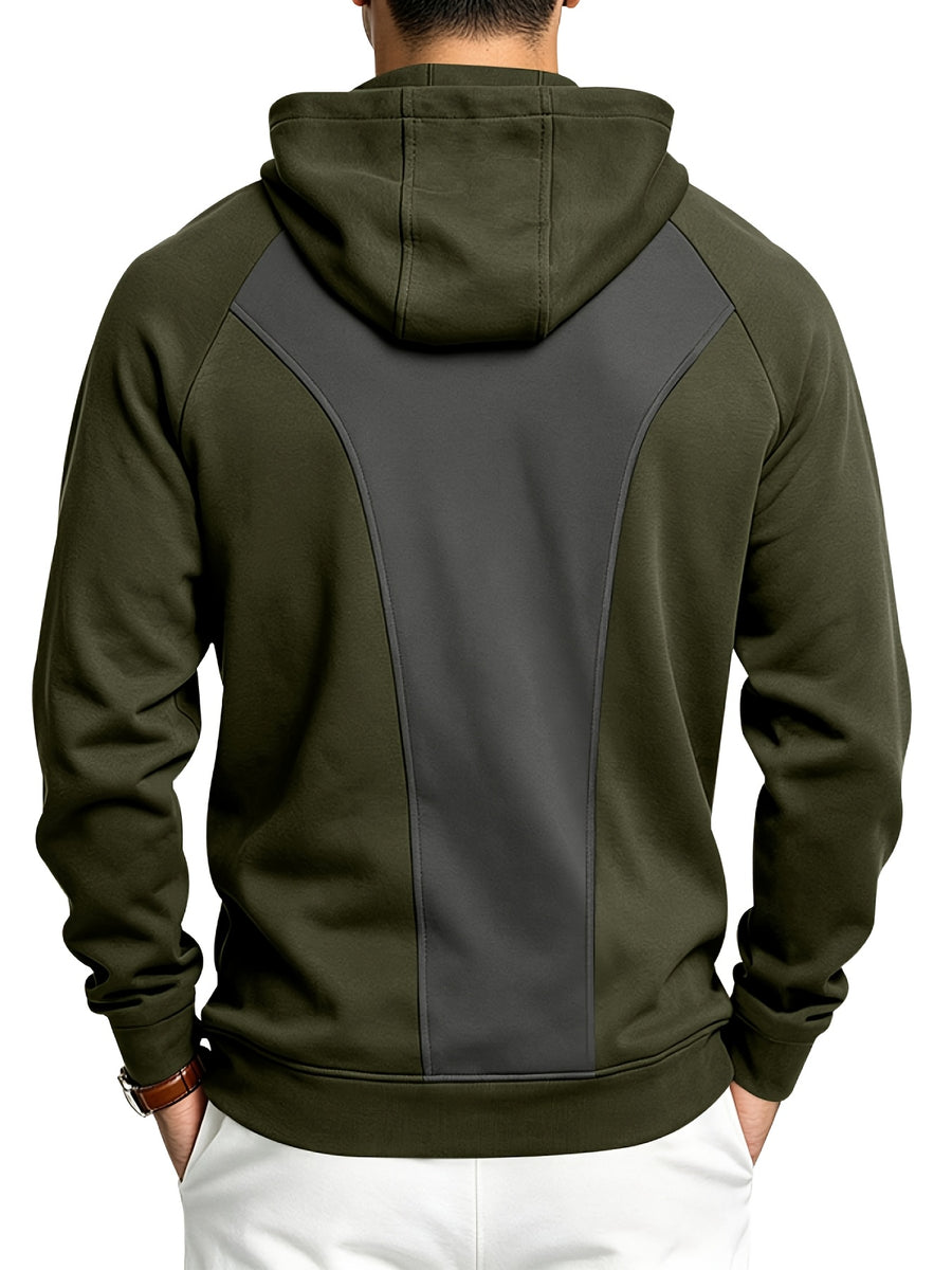 Men's Autumn/Winter Outdoor Loose Fit Casual Sporty Fitness Spliced Hooded Sweatshirt - Military Green