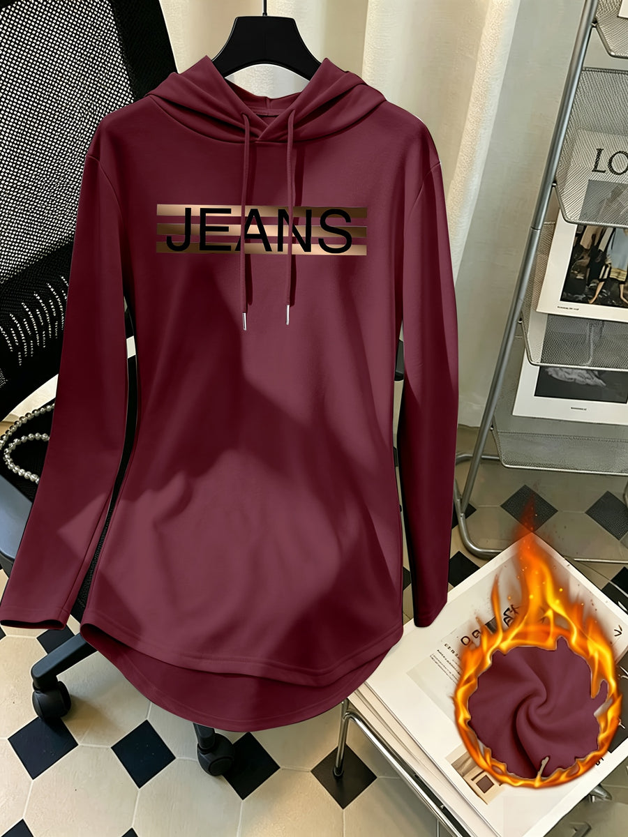 Mid-Length Hooded Sweatshirt for Women, Loose Hip-Covering Letter Print Drawstring Pullover Top - Burgundy