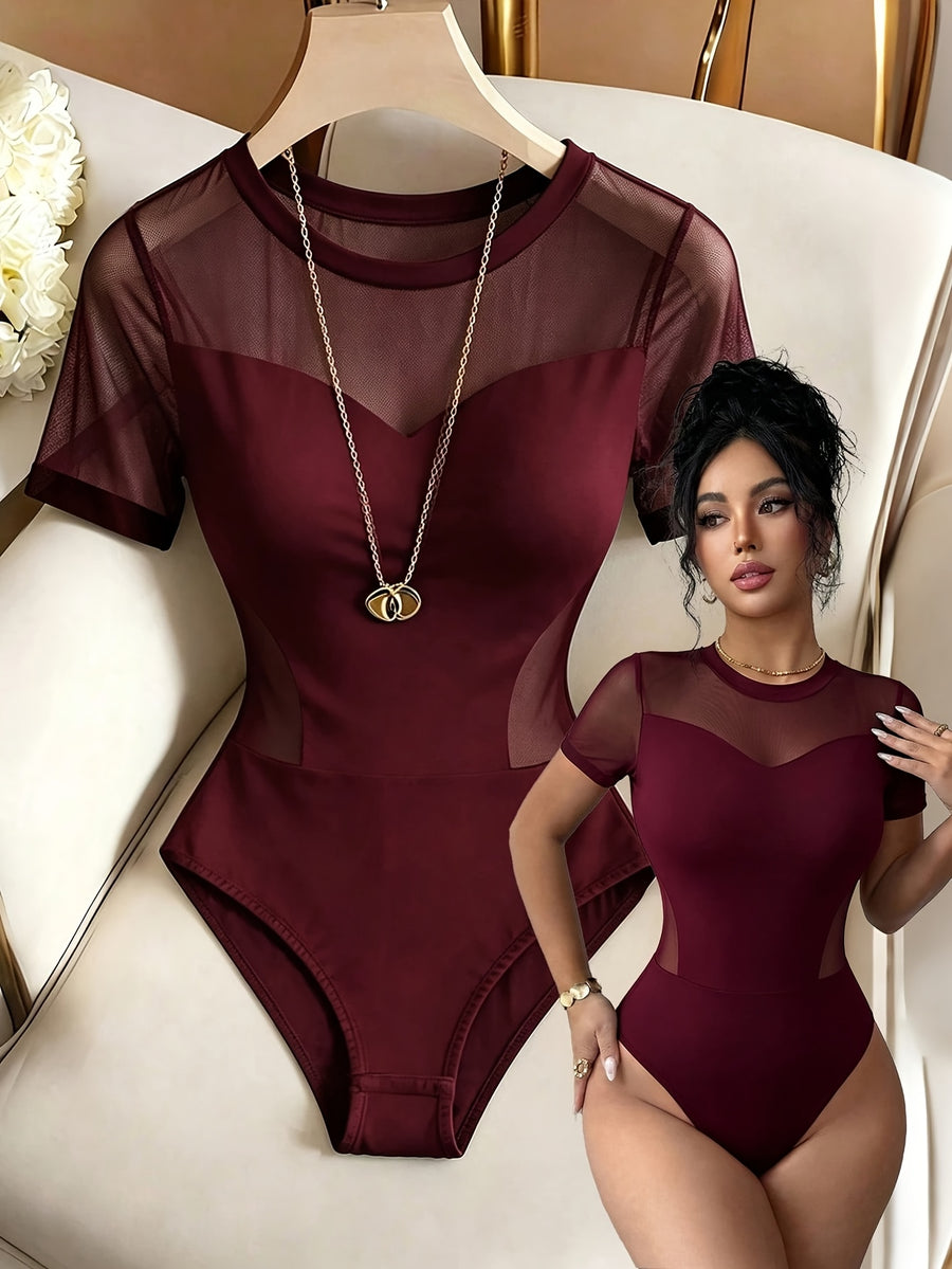 Round Neck Short Sleeve Bodysuit, 2026 Summer New Women's Casual Elegant 1pc, Bodysuit, Summer Pretends, Elegant Party, Revealing Clothing, Sexy Outfits, Casual Women's Wear, Designer Clothing, Role Play, Casual Elegance, Short Sleeves, Hot - Burgundy