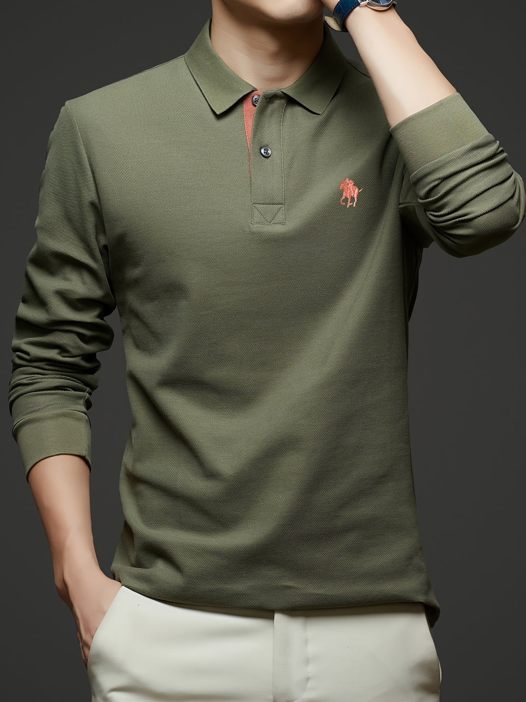 [Saa Xing OBM] 1pc Spring/Autumn New Men'S Polo Shirt, Solid Color Embroidered Half-Button Placket Single-Button Polo Collar Long Sleeve Men'S Fashion Versatile Pullover Base Layer Top, Classic Design, Suitable for Spring, Autumn, Wear - Army Green