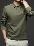 [Saa Xing OBM] 1pc Spring/Autumn New Men'S Polo Shirt, Solid Color Embroidered Half-Button Placket Single-Button Polo Collar Long Sleeve Men'S Fashion Versatile Pullover Base Layer Top, Classic Design, Suitable for Spring, Autumn, Wear - Army Green