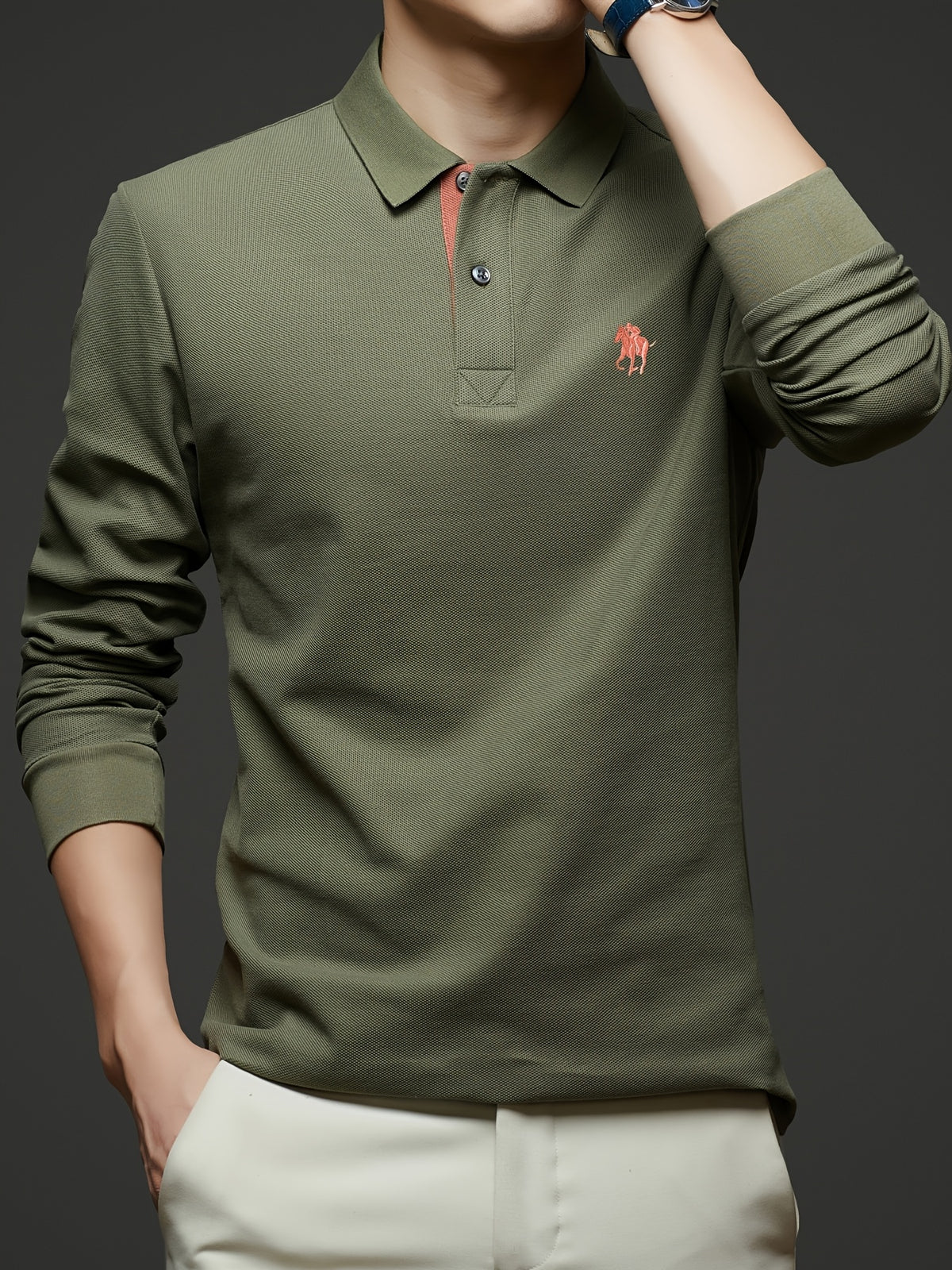 [Saa Xing OBM] 1pc Spring/Autumn New Men'S Polo Shirt, Solid Color Embroidered Half-Button Placket Single-Button Polo Collar Long Sleeve Men'S Fashion Versatile Pullover Base Layer Top, Classic Design, Suitable for Spring, Autumn, Wear - Army Green