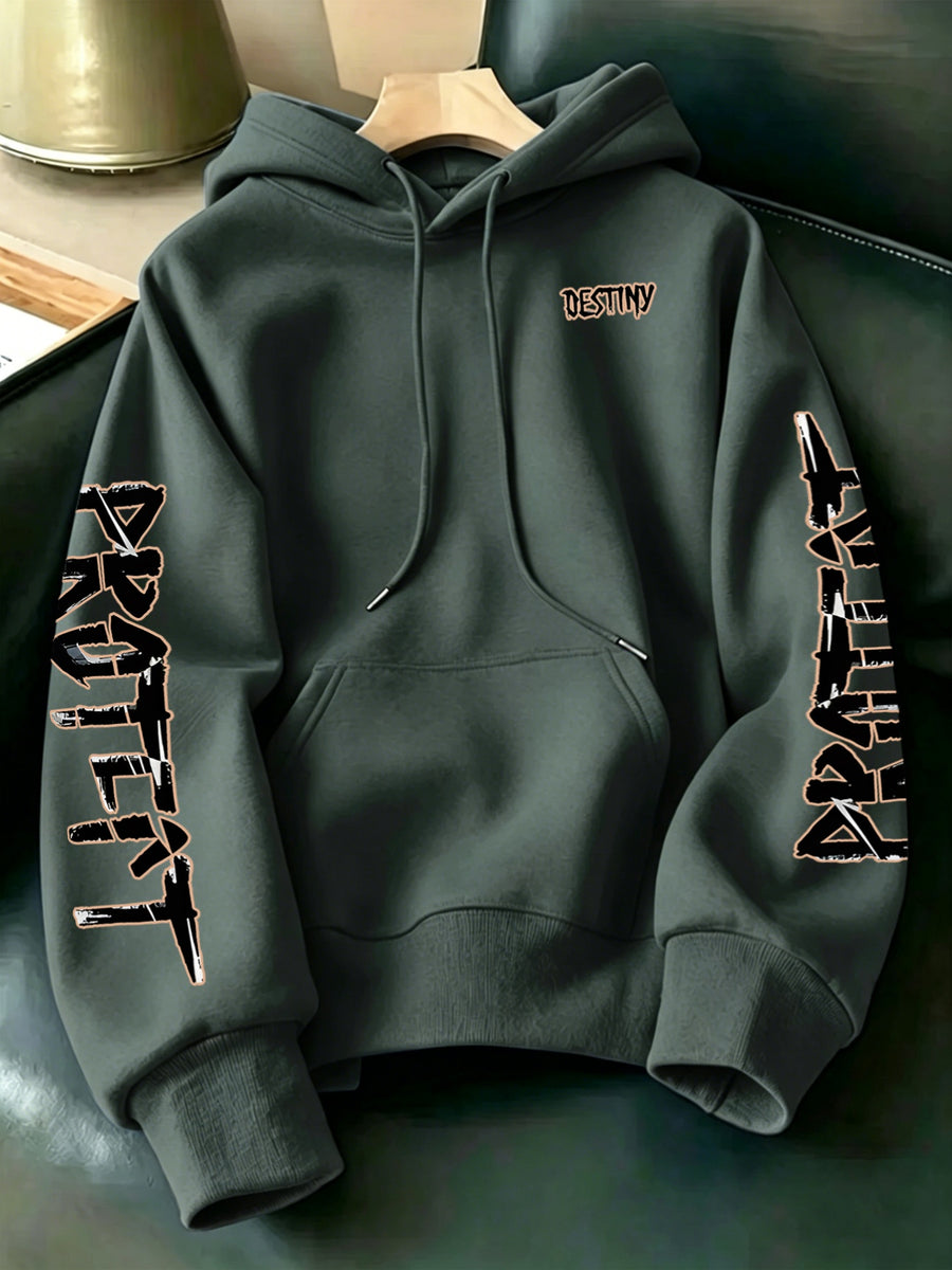 Limited-Time Special Offer: Single-pc Unisex Black Knitted Hooded Sweatshirt with Anime Boy Portrait Graffiti and English Print, Trendy Cool Anime-Style Loose Drop-Shoulder Hoodie for Spring/Autumn, Casual Wear for Outings and Gatherings - Gray Green