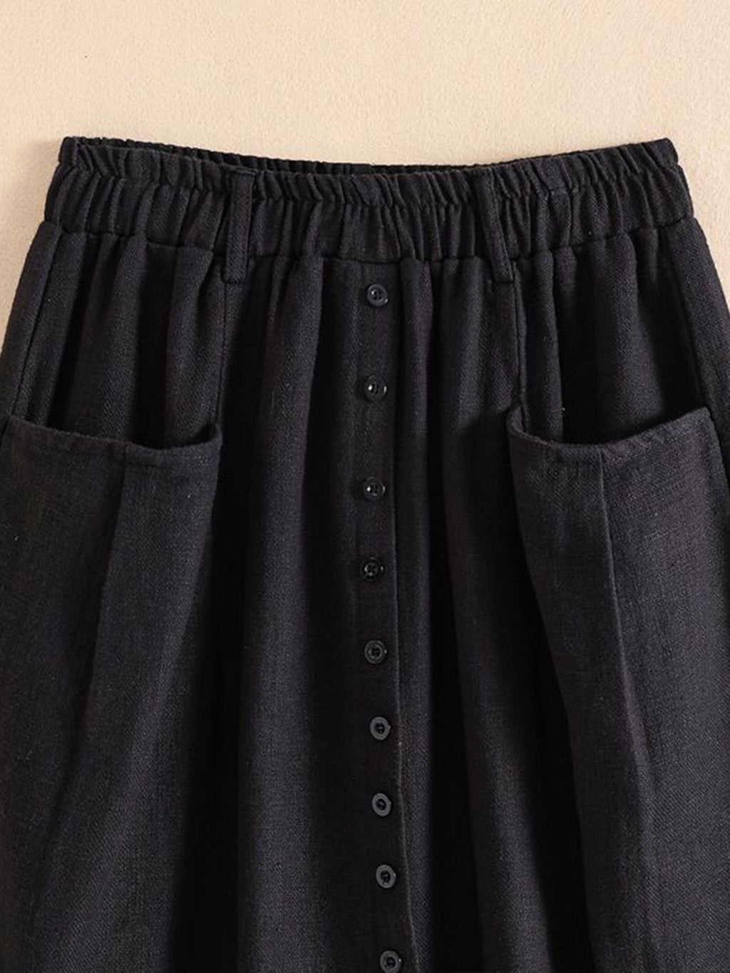 Spring/Summer/Autumn Lightweight Korean-Style Vintage Linen Loose Skirt with Elastic Waistband and Pockets, Mid-Length Women's Skirt - Black