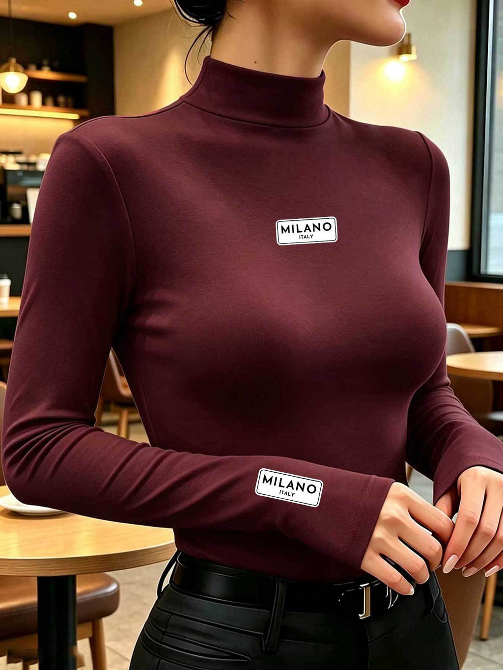 Women's Simple and Trendy Warm Long-Sleeve Half-Turtleneck Inner Layer Base Top, Popular Milan Print Pattern, New Spring, Autumn, and Winter Casual Youthful and Stylish Long-Sleeve Top, Fashionable and Elegant Slim-Fit Design for Layering - Burgundy