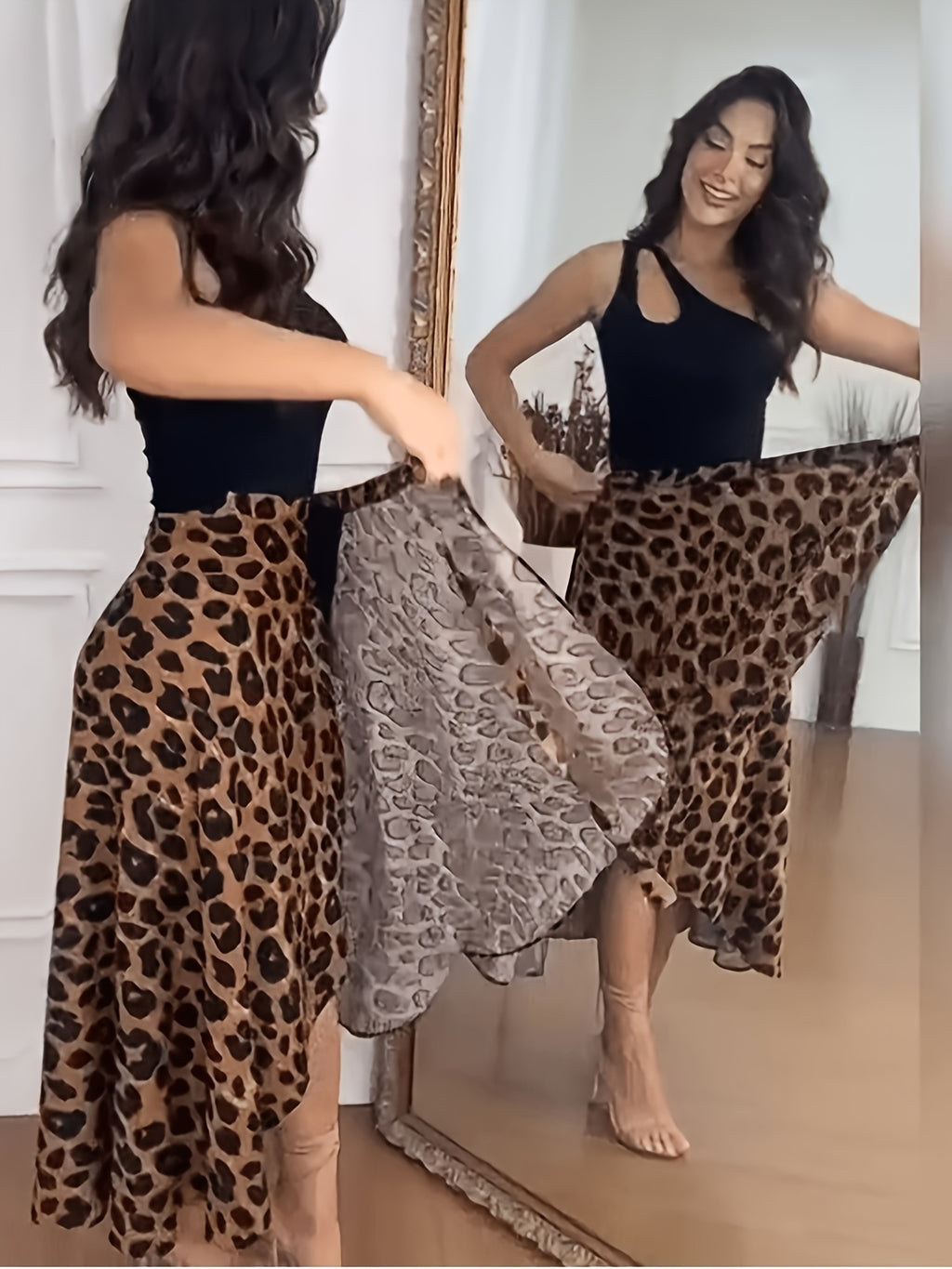 Women'S Elegant Leopard Print Wrap Dress, Autumn New Western Style One-Piece Wrap Midi Skirt, Side Tie Slit Hip-Covering Mid-Length Dress, Suitable for Daily Commute, Elegant Parties, Casual Occasions, Beach Vacation - Leopard Print