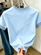 New Summer Women's T-Shirt, Round Neck Casual Apparel, Women's Pullover, Casual Commuter Wear, Daily Outing Base Layer, Simple Small Heart Pattern Print, Energetic and Lively, Streetwear, Outing Outfit, Basic Versatile Piece, As a Gift - Light Blue