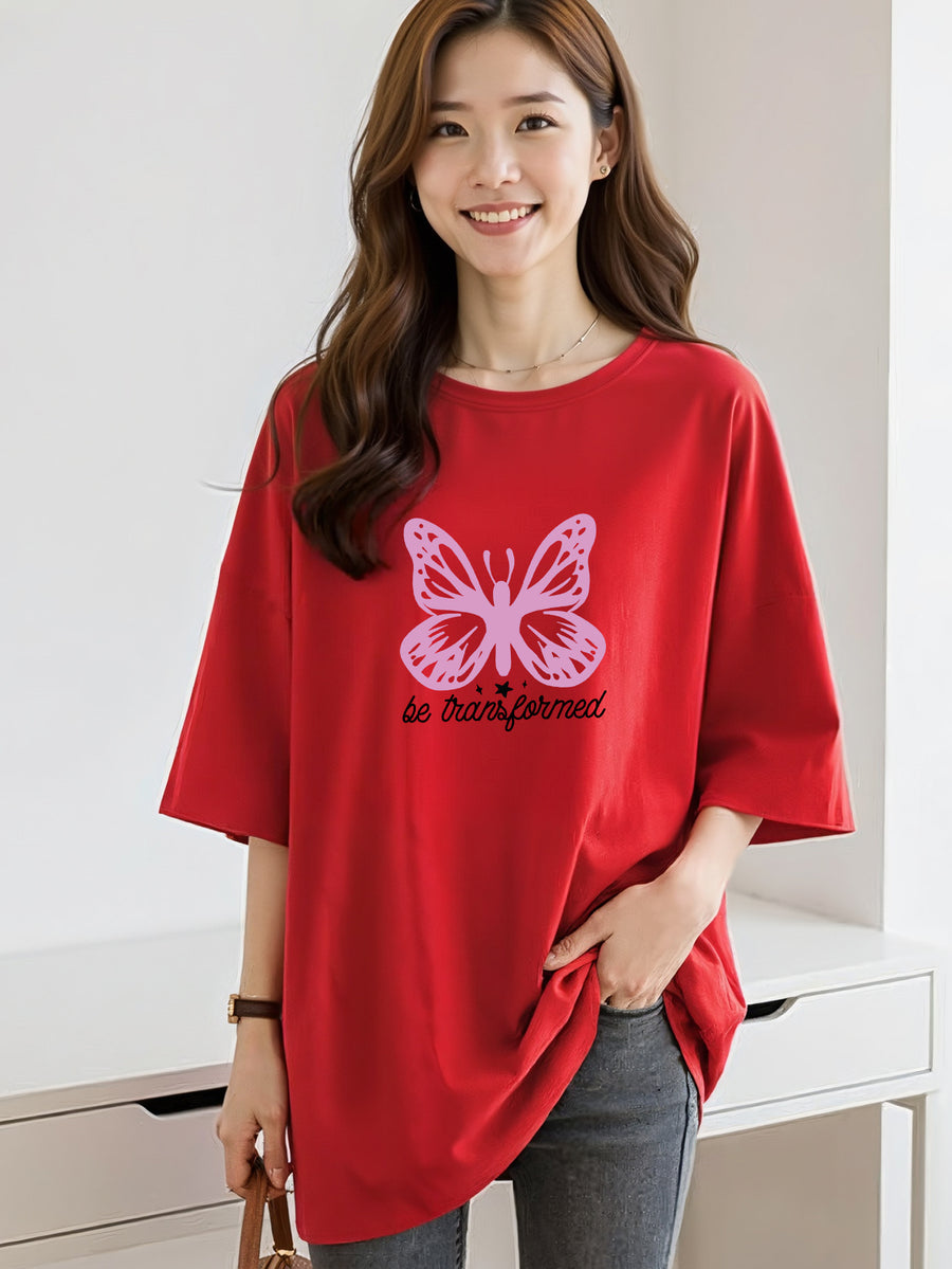 2G1005 M-2XL T Shirt Women Crop Top Clothes Women Fashion T-shirt Casual T-shirt Korean Style Internet Oversize Celebrity Round Neck Large T Shirt Ladies Versatile Basic Essentials Leisure Men And Women - Red