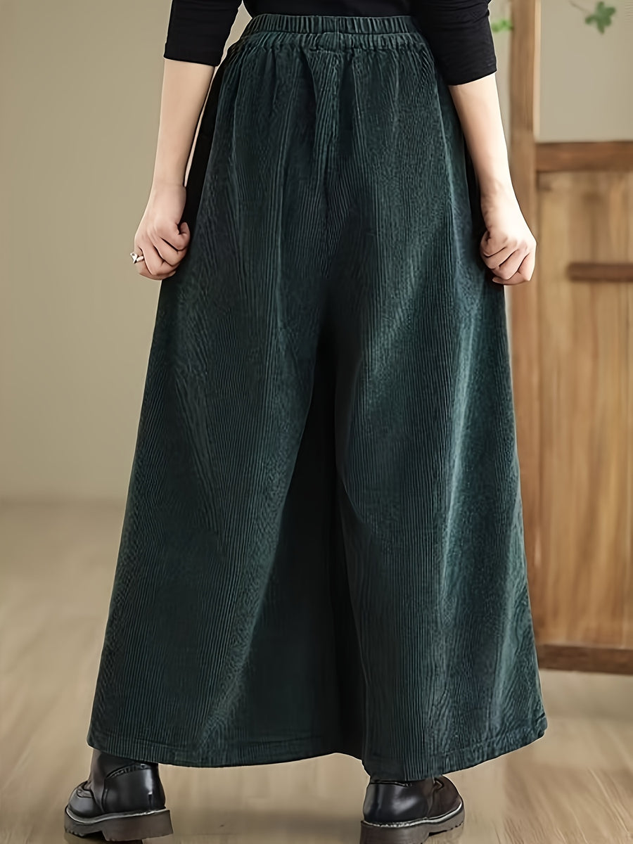 Corduroy Wide-Leg Pants with Elastic Corduroy Waist (Suitable for Body Types) - Solid Color Casual Trousers, Machine Washable,, Corduroy Pants for Casual Attire - Dark Green