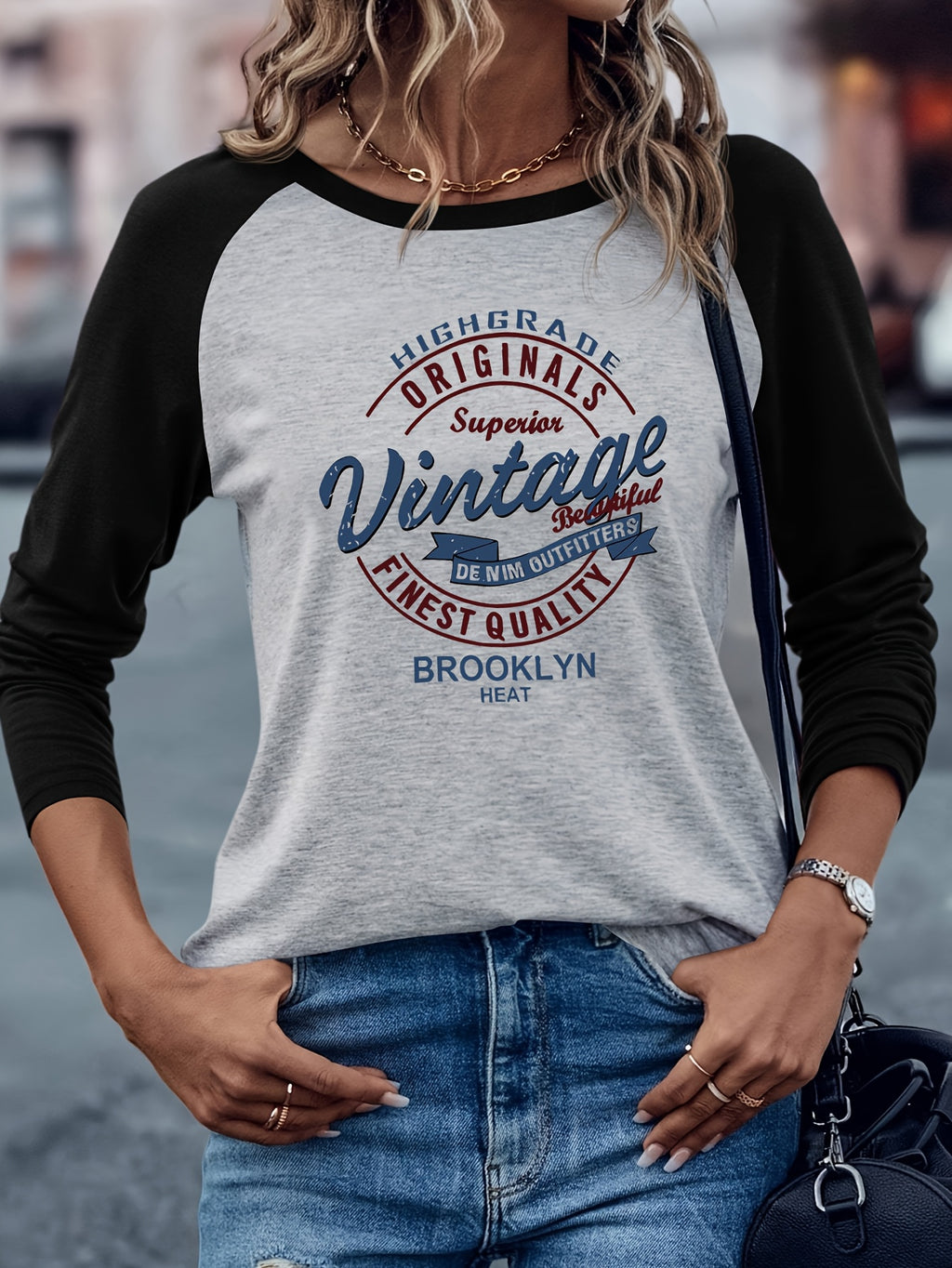 Brooklyn Vintage Pattern Design European and American Style Women's Daily Versatile Comfortable Casual Color-Blocked Crew Neck Raglan Long Sleeve T-Shirt - Light Gray Black
