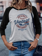 Brooklyn Vintage Pattern Design European and American Style Women's Daily Versatile Comfortable Casual Color-Blocked Crew Neck Raglan Long Sleeve T-Shirt - Light Gray Black